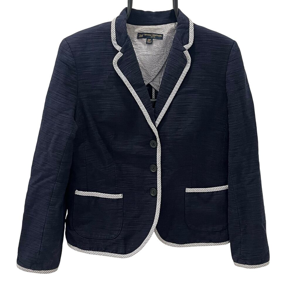 Brooks Brothers Women's Petite 12P Navy Blue With Striped Trim Blazer